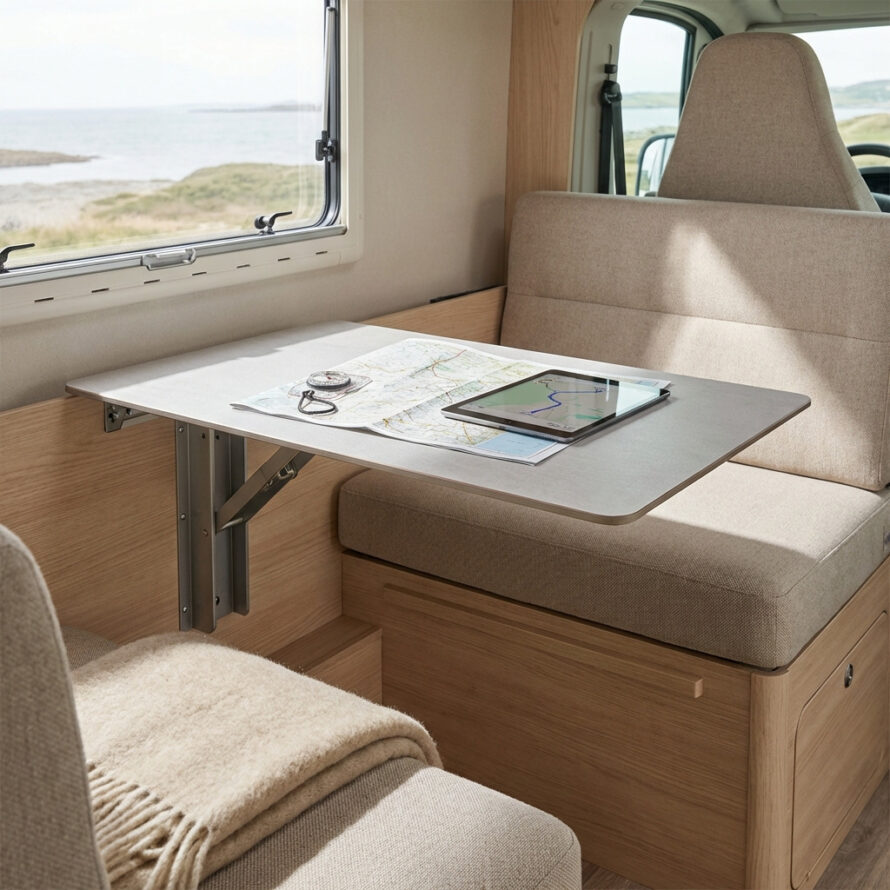 Ultradun tafelblad in een camper, gemonteerd op een slank onderstel tussen zitbanken, met kaart en mok op tafel.