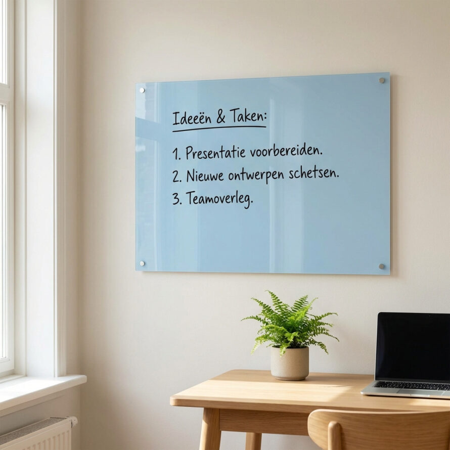 Wit plexiglas whiteboard met handgeschreven notities, gemonteerd boven een houten bureau in een lichte werkruimte.