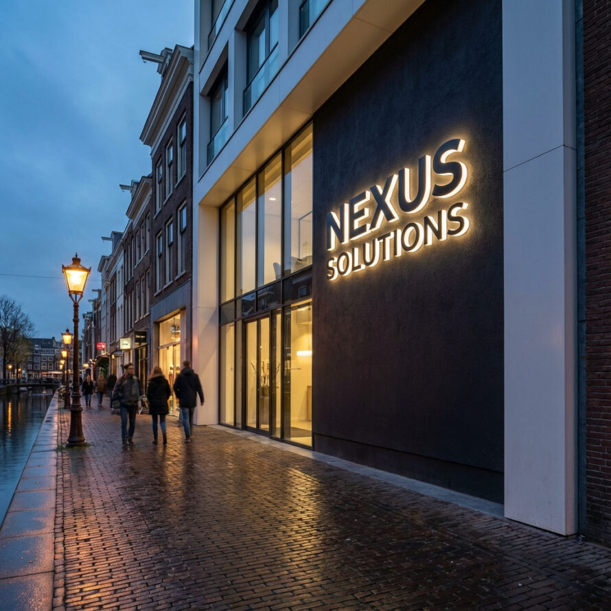 Winkelgevel met subtiel verlichte signage en warme etalageverlichting bij schemering.