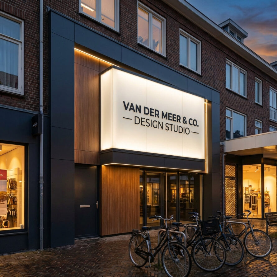 Showroom met strakke gevelreclame van Dibond en HPL, zichtbaar vanaf de straat.