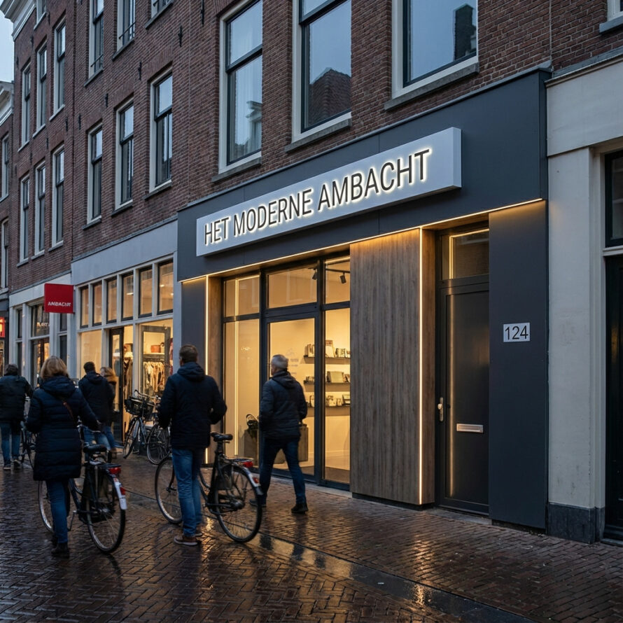 Kantoorruimte met grote verlichte gevelletters op een donker metalen gevelpaneel.