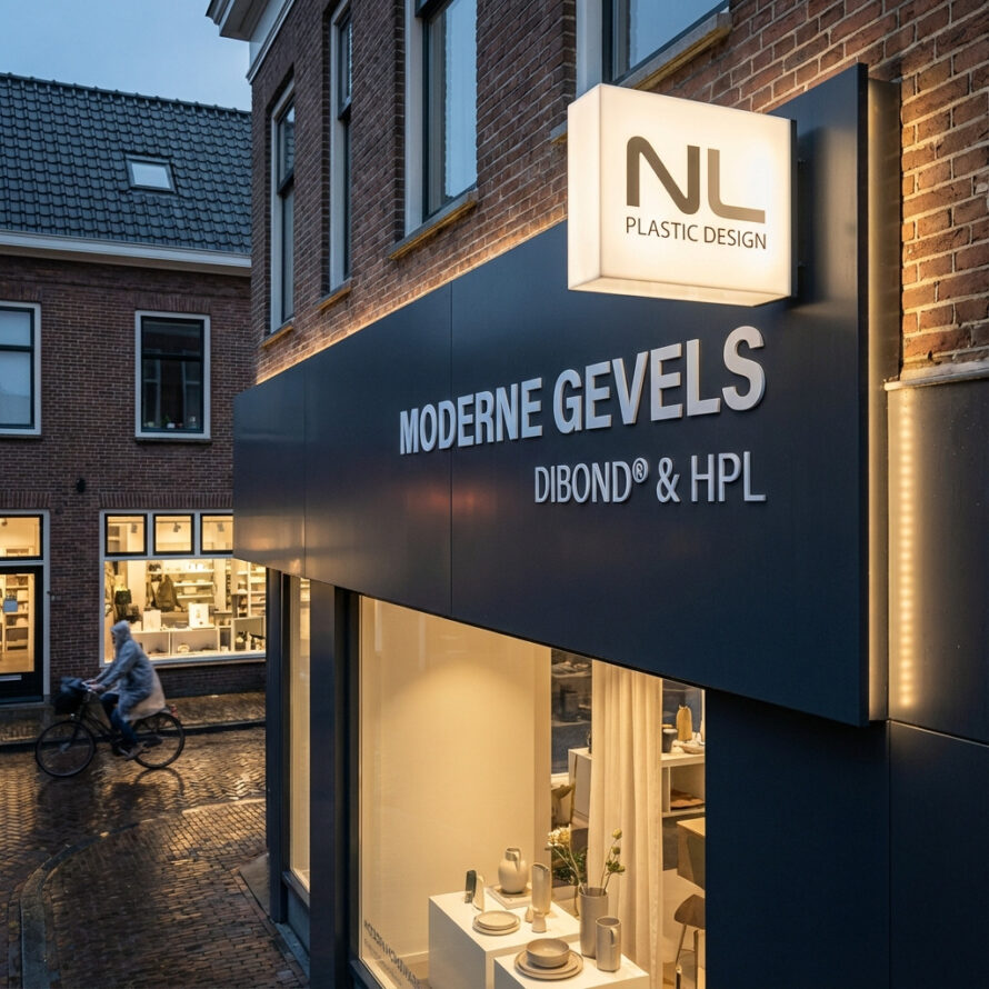 Horecagelegenheid met opvallende verlichte geveltekst en transparante pui aan het water.