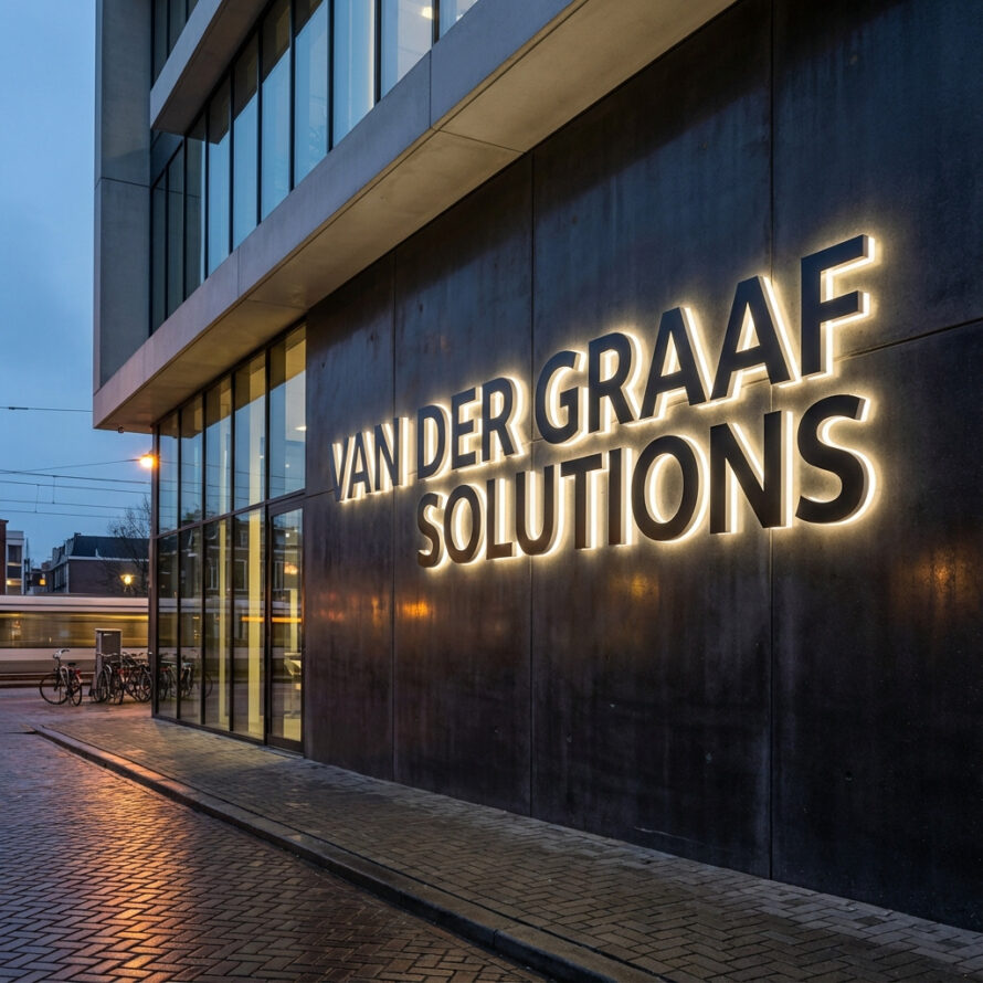 Architectenbureau met minimalistische gevelreclame en indirecte LED-verlichting in de avond.