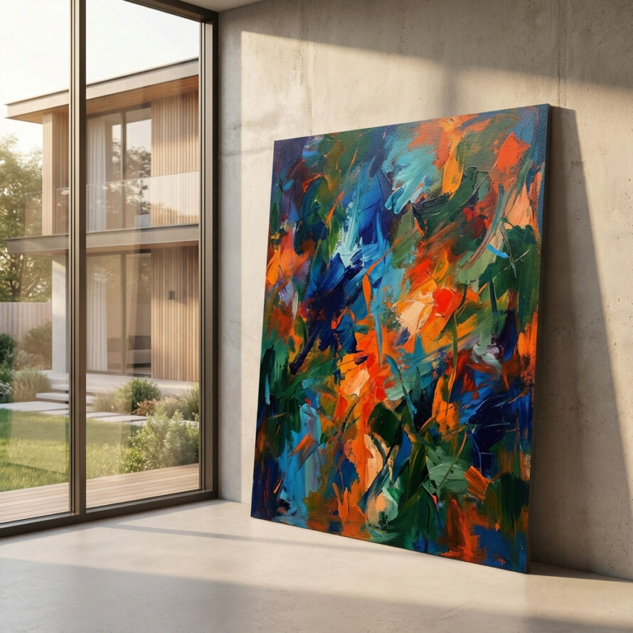 Kleurrijk tuinschilderij op HPL plaat naast een terras, duurzaam en geschikt voor buitengebruik.