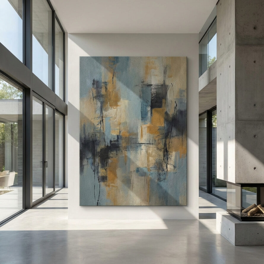 Abstract schilderij op HPL plaat met levendige kleuren, geplaatst in een lichte moderne woonkamer.