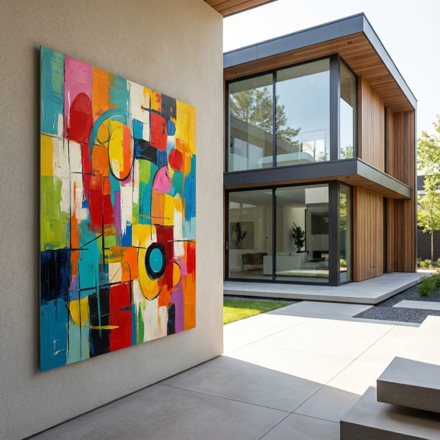 Groot abstract kunstwerk op HPL plaat in een minimalistische hal met beton en glas, moderne interieurkunst.