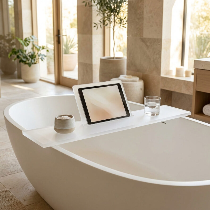 Kunststof badplank met tablet en glas water op vrijstaand bad in warme, natuurlijke badkamer.