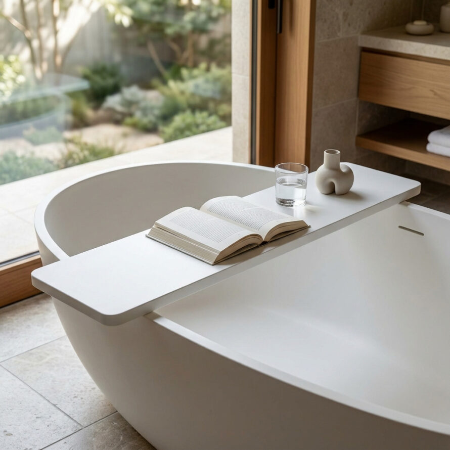 Minimalistische kunststof badplank met open boek en glas water op vrijstaand bad in moderne badkamer.
