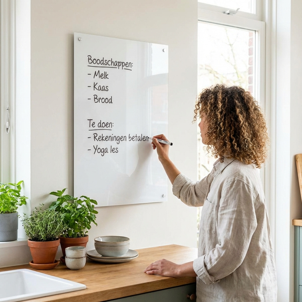 Plexiglas whiteboard tegen een bakstenen muur, gebruikt als to-do bord op kantoor.