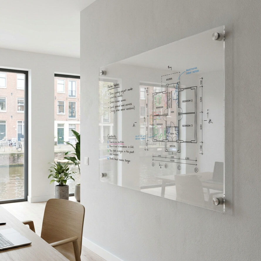 Plexiglas whiteboard met weekdoelen, gemonteerd met RVS afstandhouders in een kantoor.