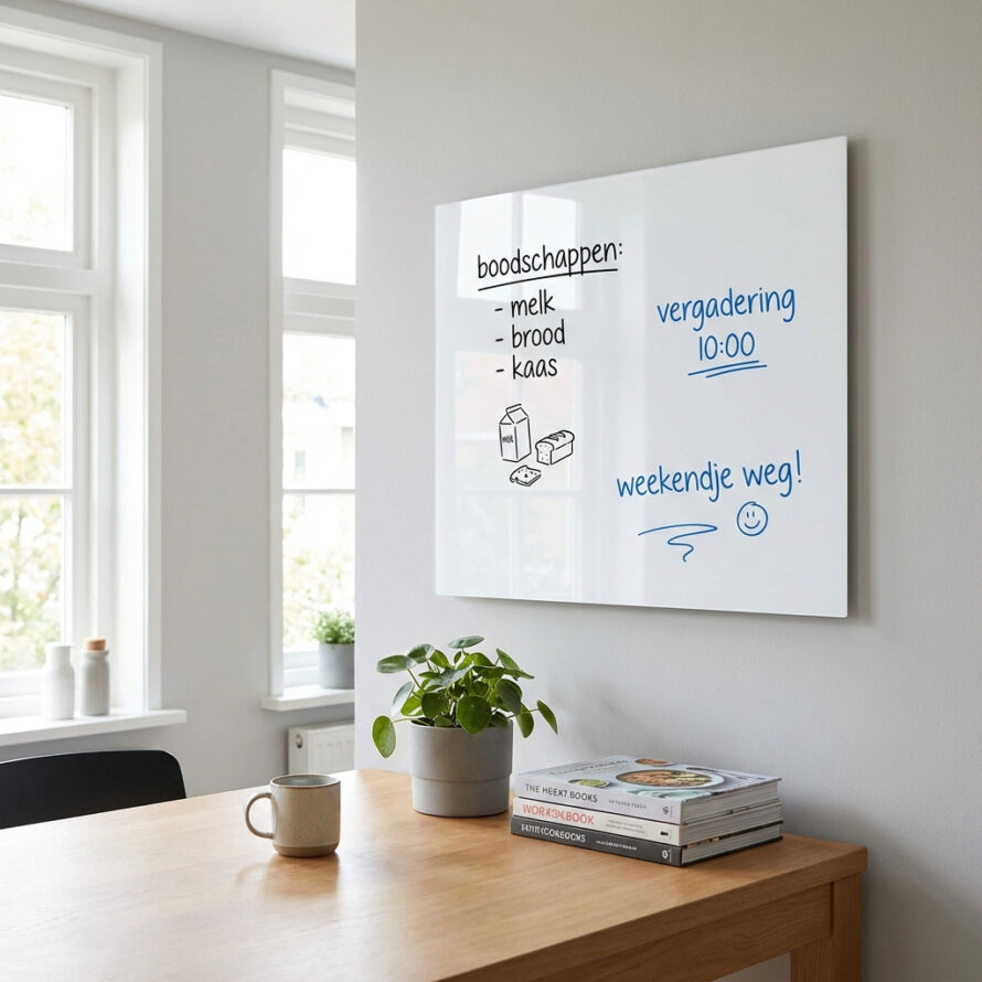 Plexiglas whiteboard met boodschappenlijst in een rustige woonruimte.