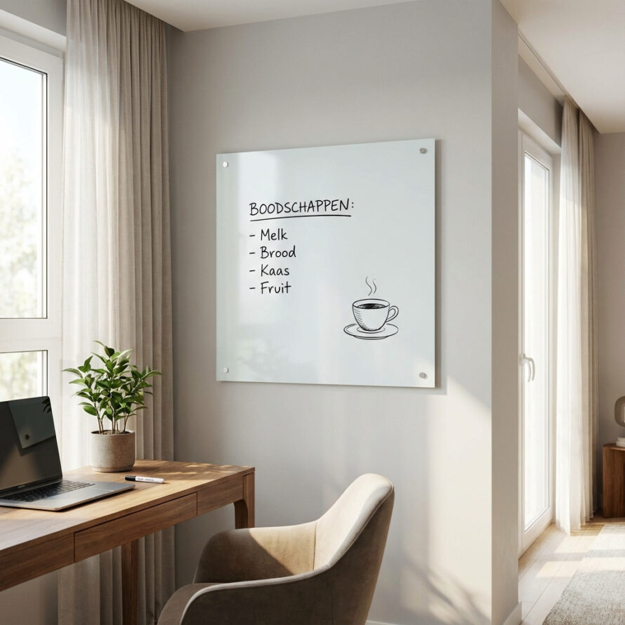 Groot transparant plexiglas whiteboard in een kantoorruimte met brainstormnotities.