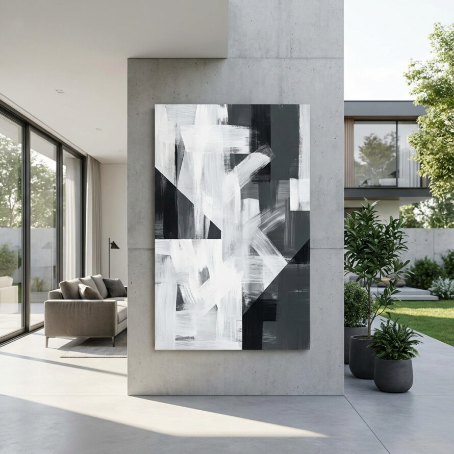 Minimalistisch zwart-wit schilderij op HPL plaat in een modern interieur met grote raampartijen en strakke architectuur.