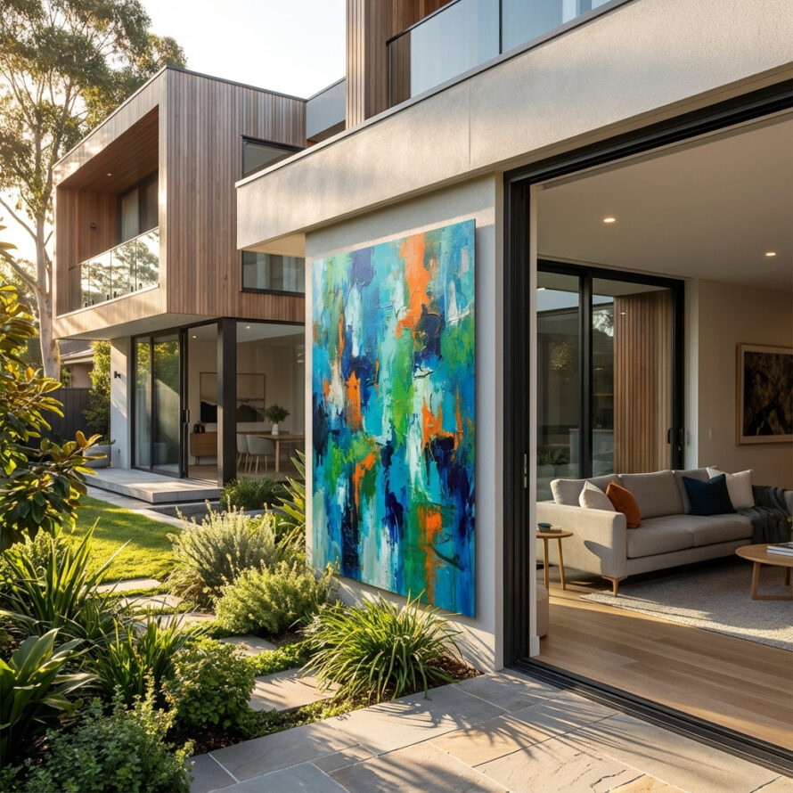 Gekleurd abstract schilderij op Trespa® HPL plaat aan de gevel van een moderne woning, toegepast als gevelkunst.