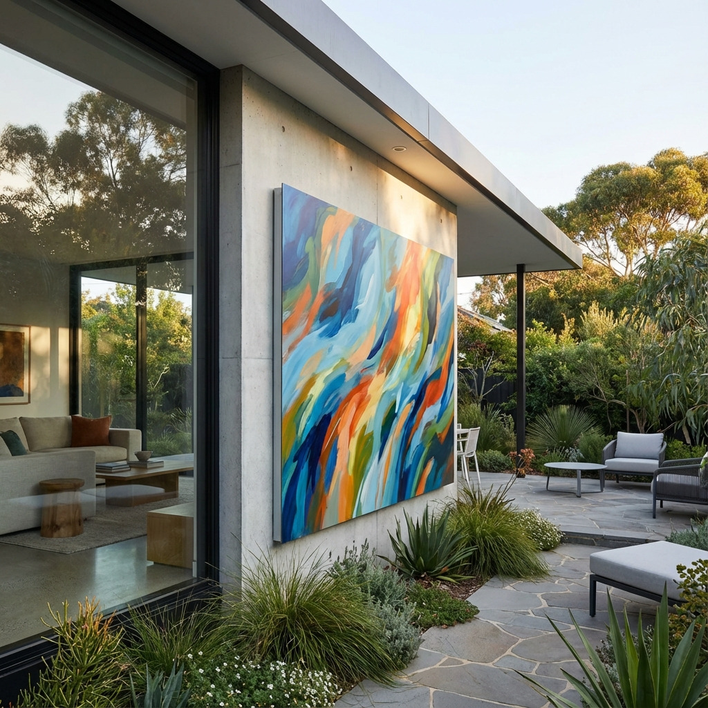 Abstract kunstwerk op Trespa® HPL plaat aan de buitenmuur van een moderne woning, kleurrijk en weerbestendig tuinschilderij.