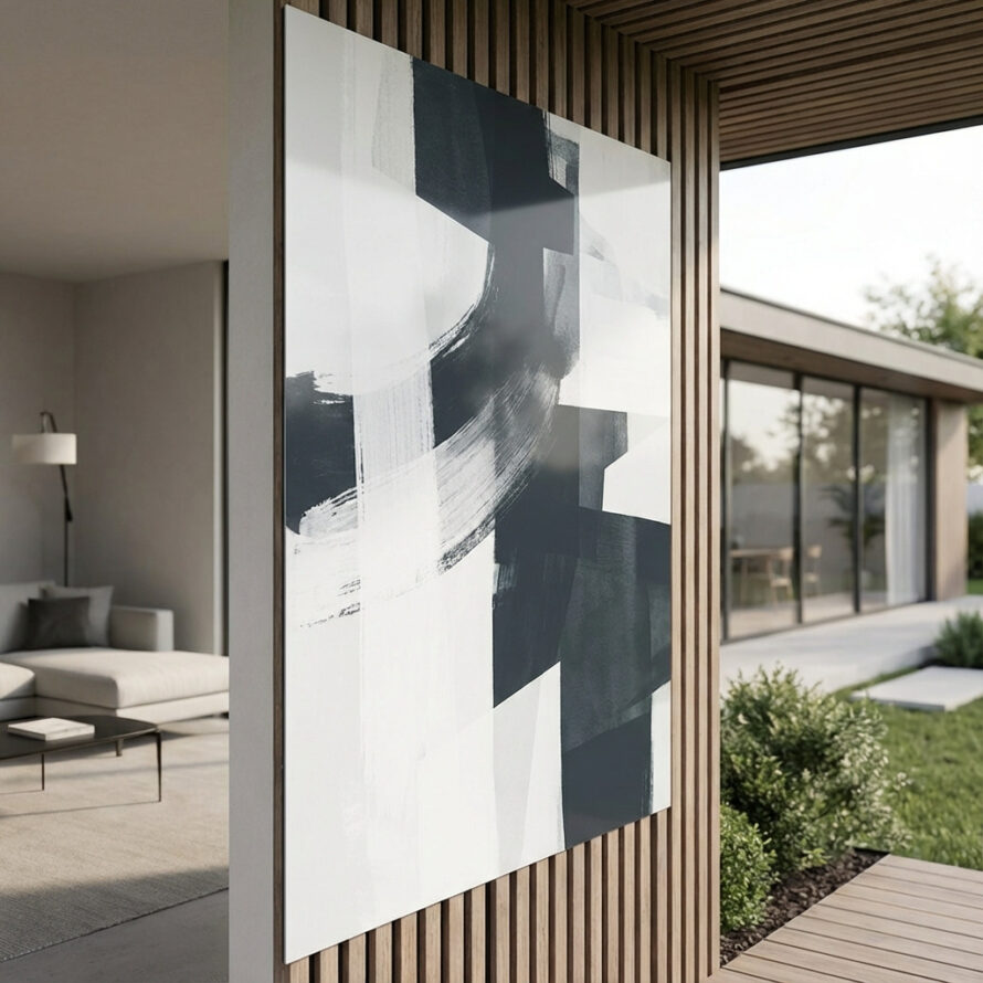 Strak zwart-wit kunstwerk op HPL plaat gemonteerd op houten gevelbekleding van een moderne woning.