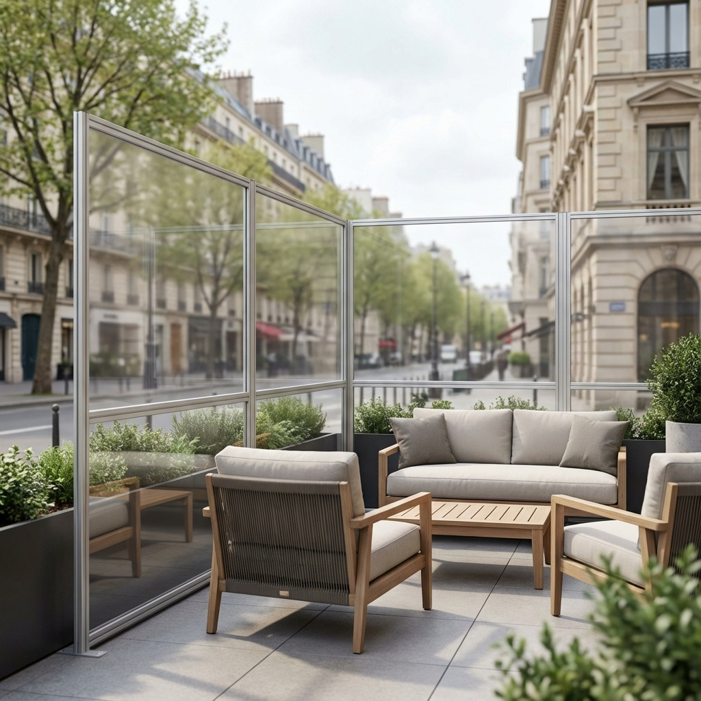 Kunststof terras windscherm van helder plexiglas in metalen frame op een horecaterras, beschermt tegen wind en laat veel licht door.