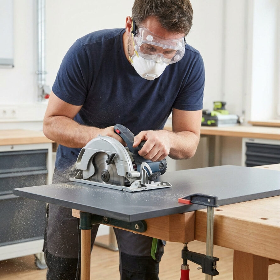 HPL plaat wordt op maat gezaagd met een cirkelzaag op een werkbank, met gebruik van klemmen en beschermende uitrusting