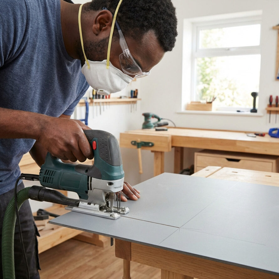 Persoon zaagt HPL plaat met cirkelzaag op werkbank met beschermingsmiddelen