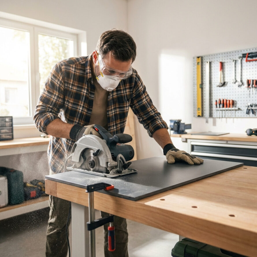 Man zaagt HPL plaat met cirkelzaag op werkbank met veiligheidsmasker