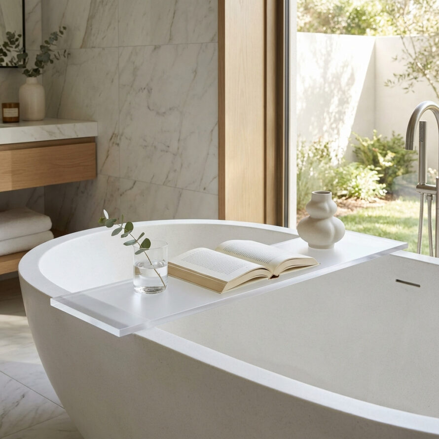 Witte kunststof badplank op ligbad met boek, waterglas en vaas in rustige spa-achtige badkamer.