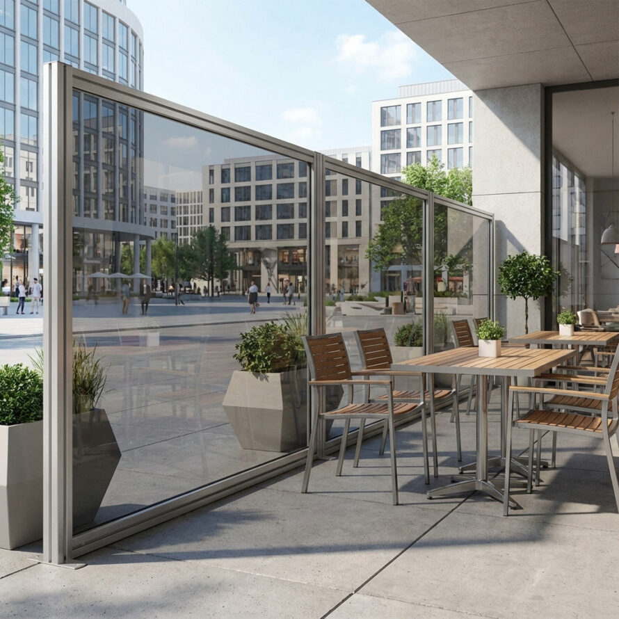 Kunststof windscherm van UV-bestendig plexiglas op horecaterras