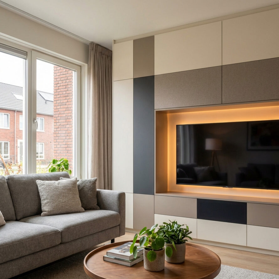 Strakke cinewall met ingebouwde televisie en warme LED-verlichting in een modern interieur.