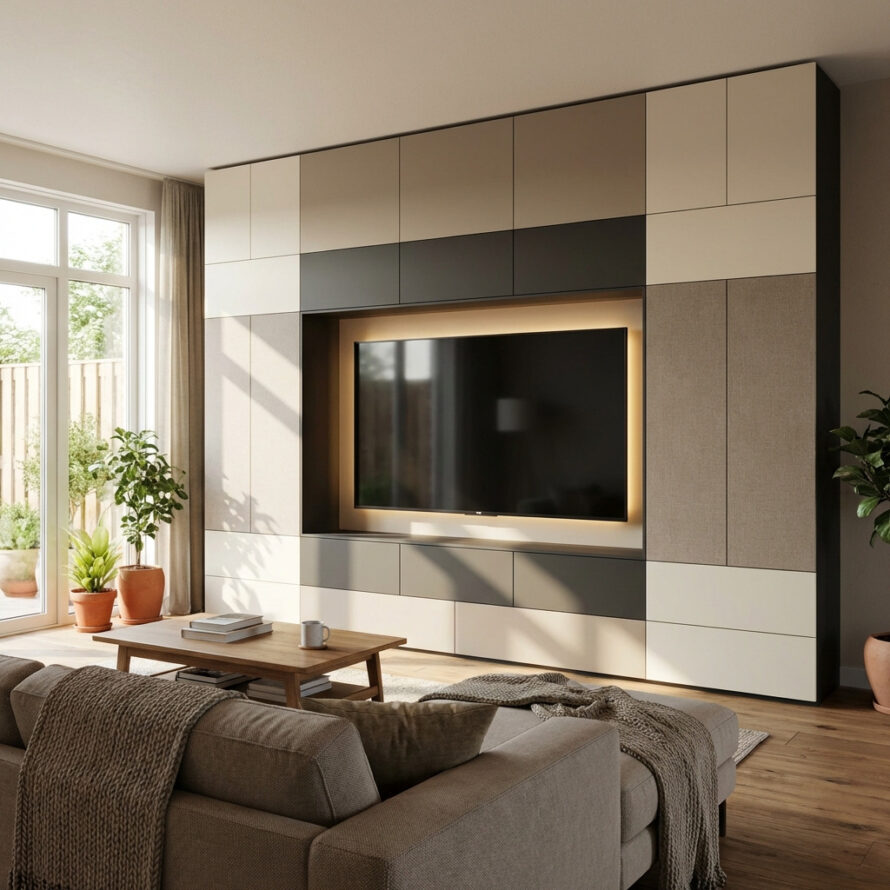 Lichte cinewall met ingebouwde televisie en strakke kunststof panelen in een moderne Nederlandse woonkamer.