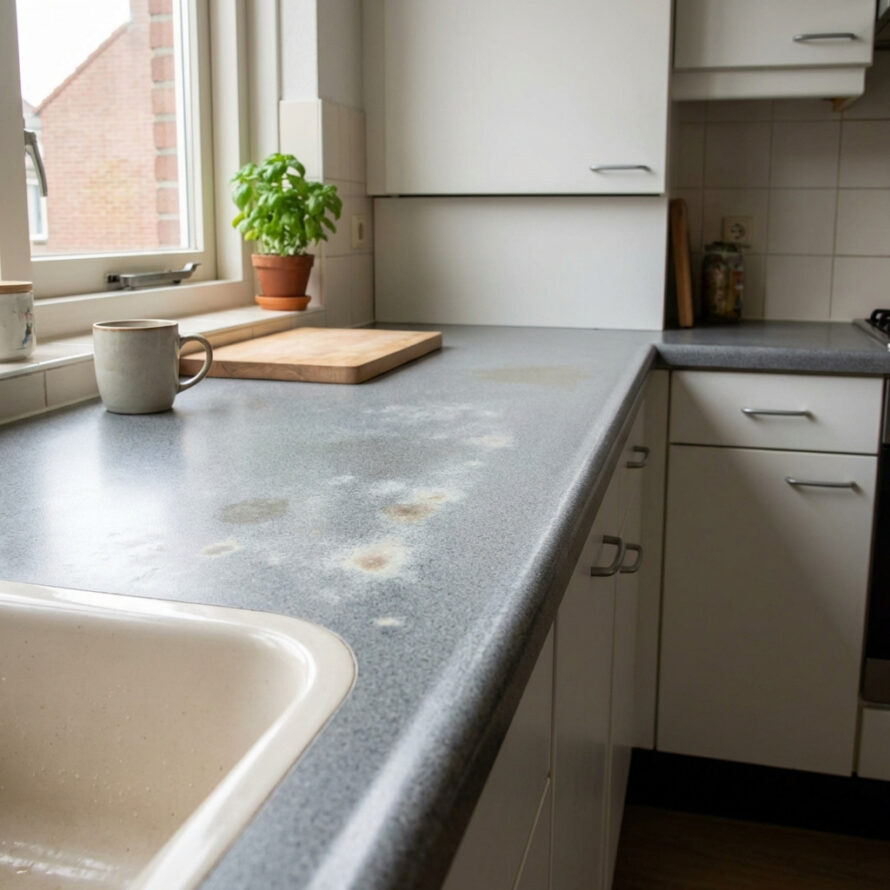 Keukenblad naast een spoelbak, schoon en opgeruimd, met een kraan en een klein plantje bij het raam.