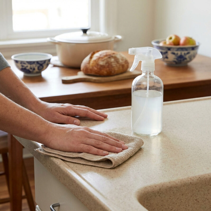 Handen vegen een keukenblad schoon naast een snijplank met brood en een kom fruit.