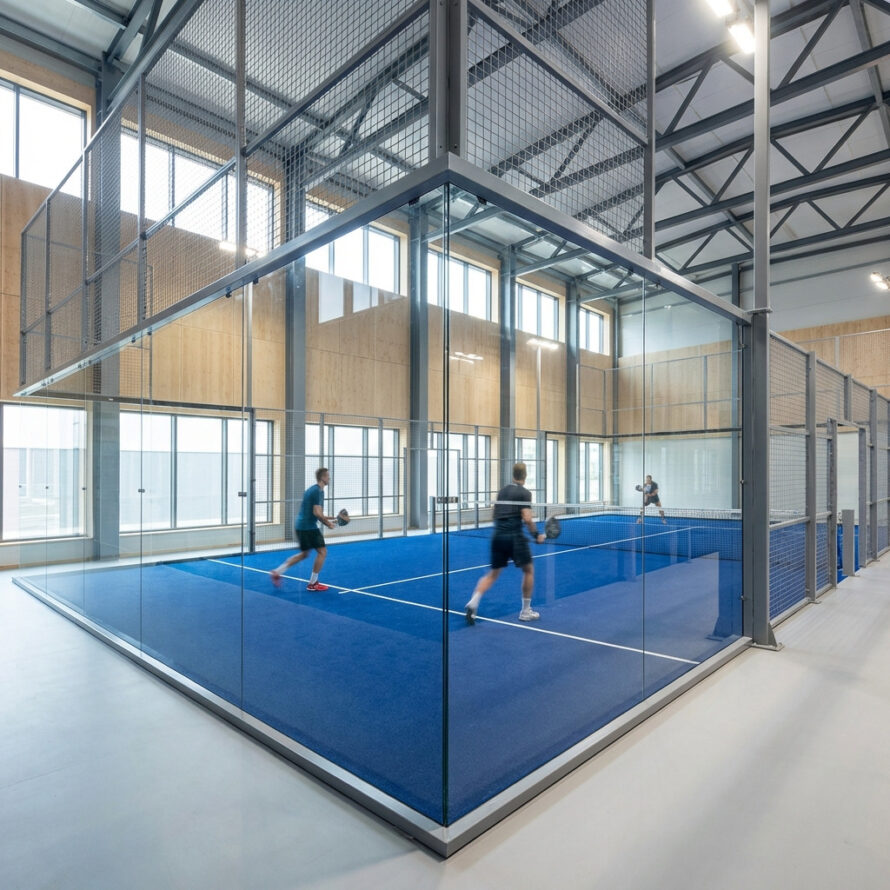 Moderne outdoor padelbaan met transparante polycarbonaat wanden en metalen frame in een groene tuinomgeving