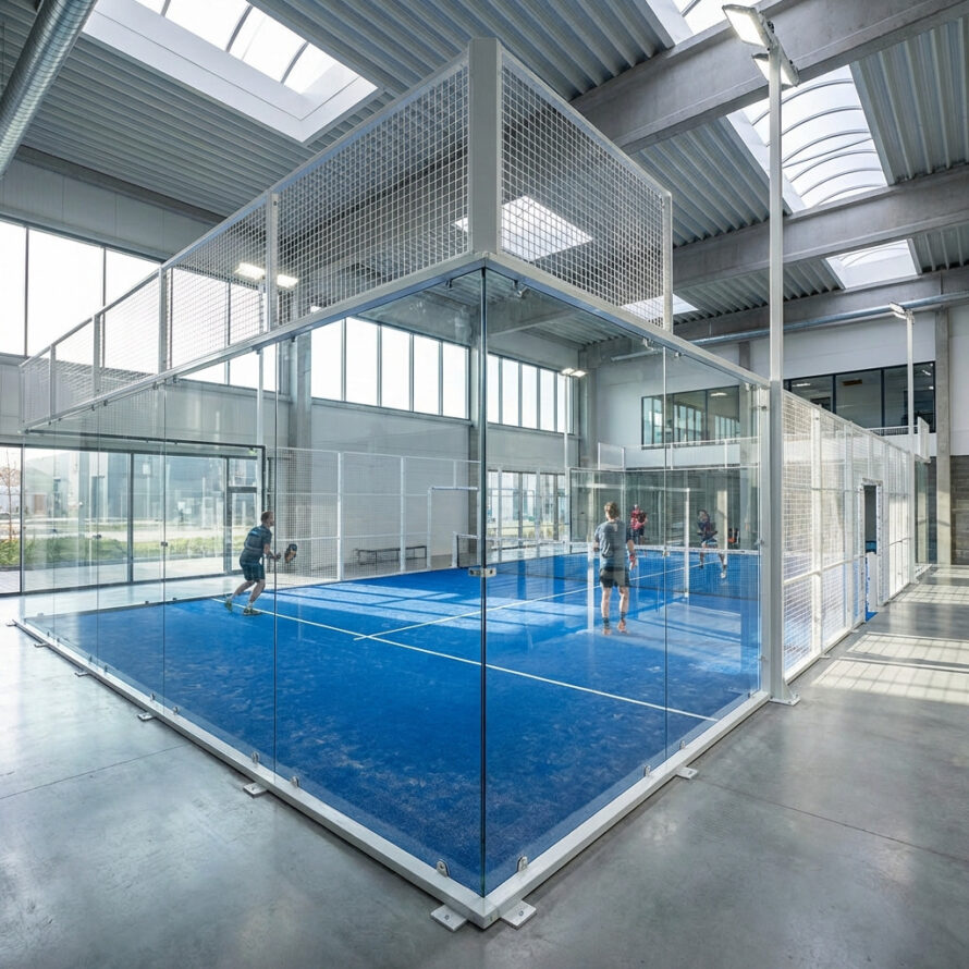 Detail van transparante polycarbonaat padelwand met roestvrijstalen hoekbevestiging en gepolijste randen