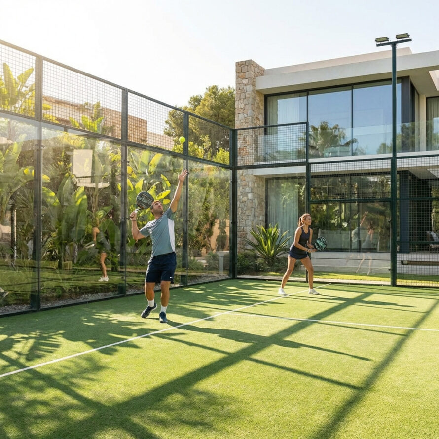 Padelspelers op outdoor padelbaan met polycarbonaat wanden naast moderne villa