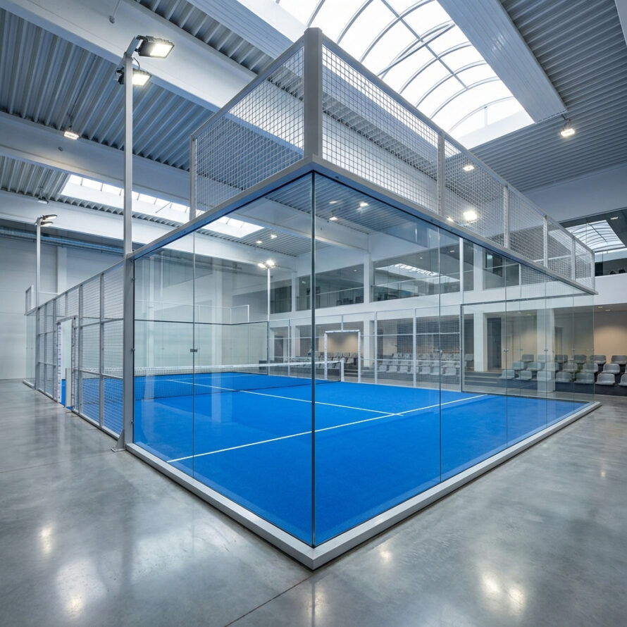 Detail van polycarbonaat padelwand met RVS klemmen en montageprofielen