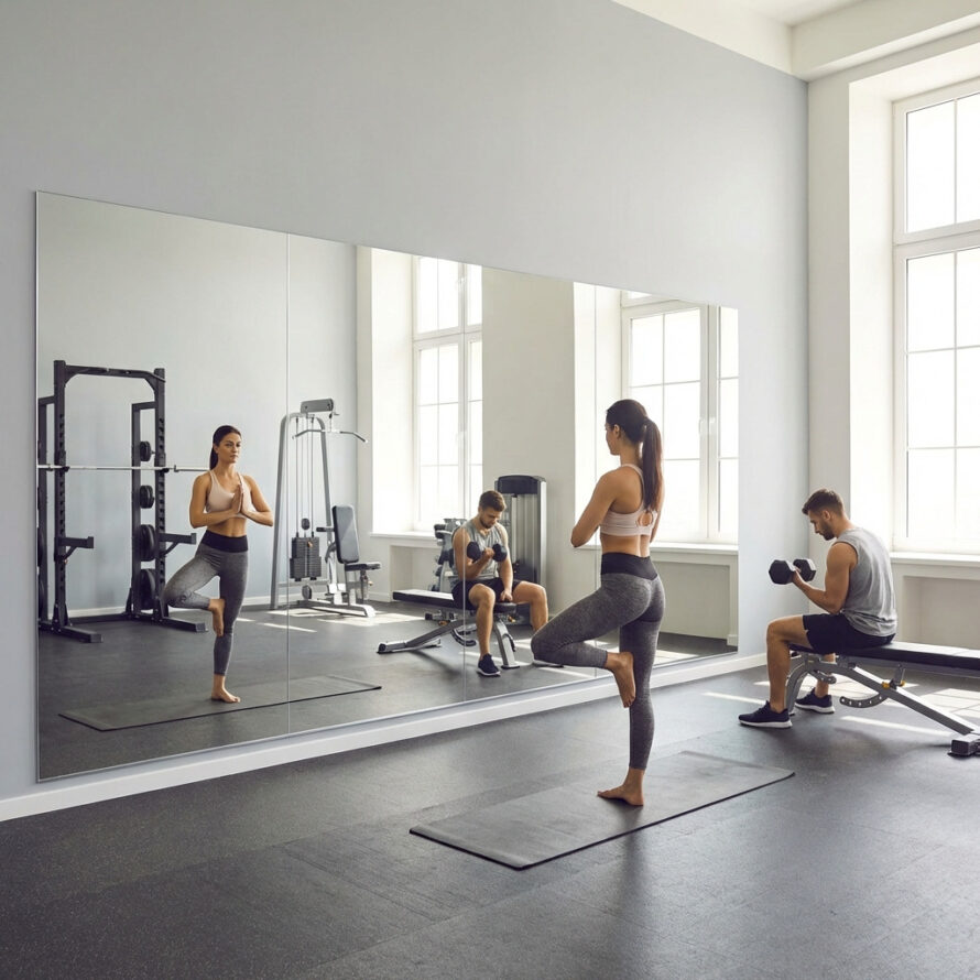 Vrouw traint voor een plexiglas spiegel.