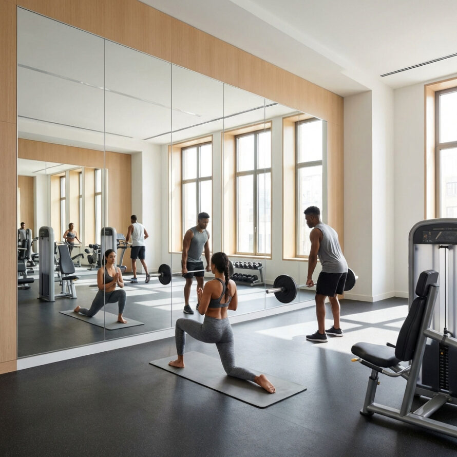 Rekoefening voor plexiglas spiegel in fitnessruimte.