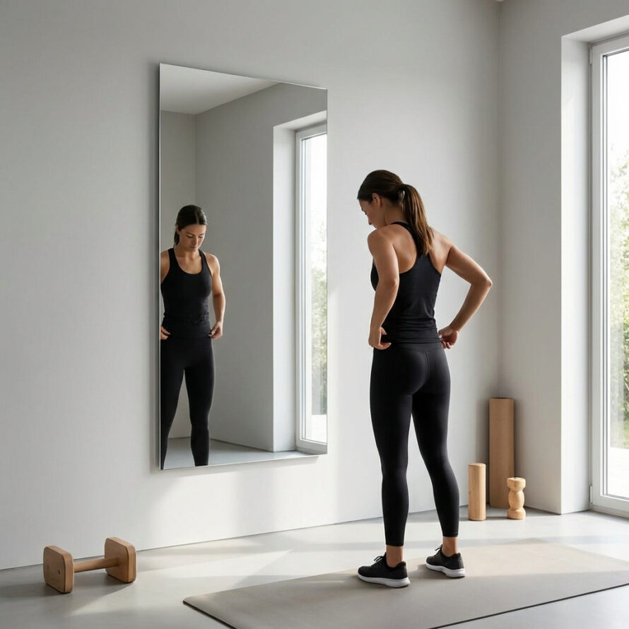 Lunge-oefening voor plexiglas spiegel.