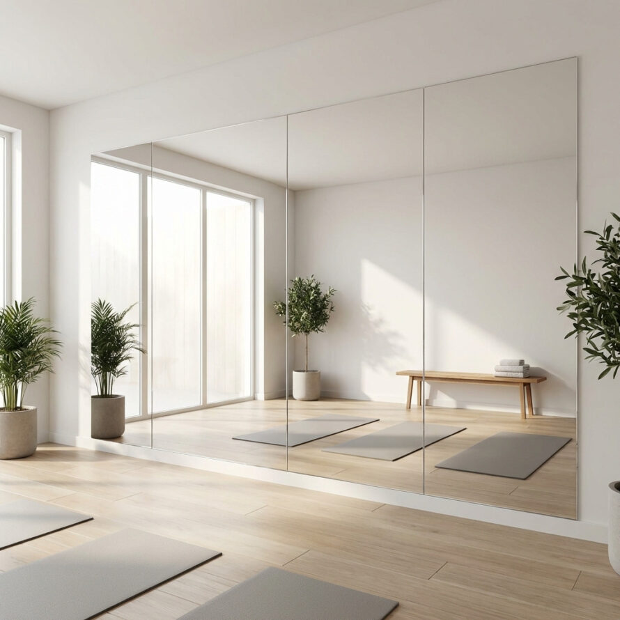 Moderne fitnessruimte met plexiglas spiegelwand.