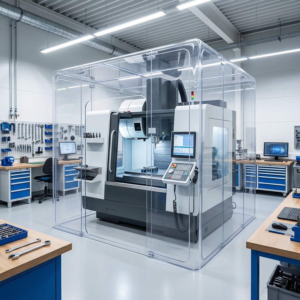 Transparante polycarbonaat kap voor machinebescherming.