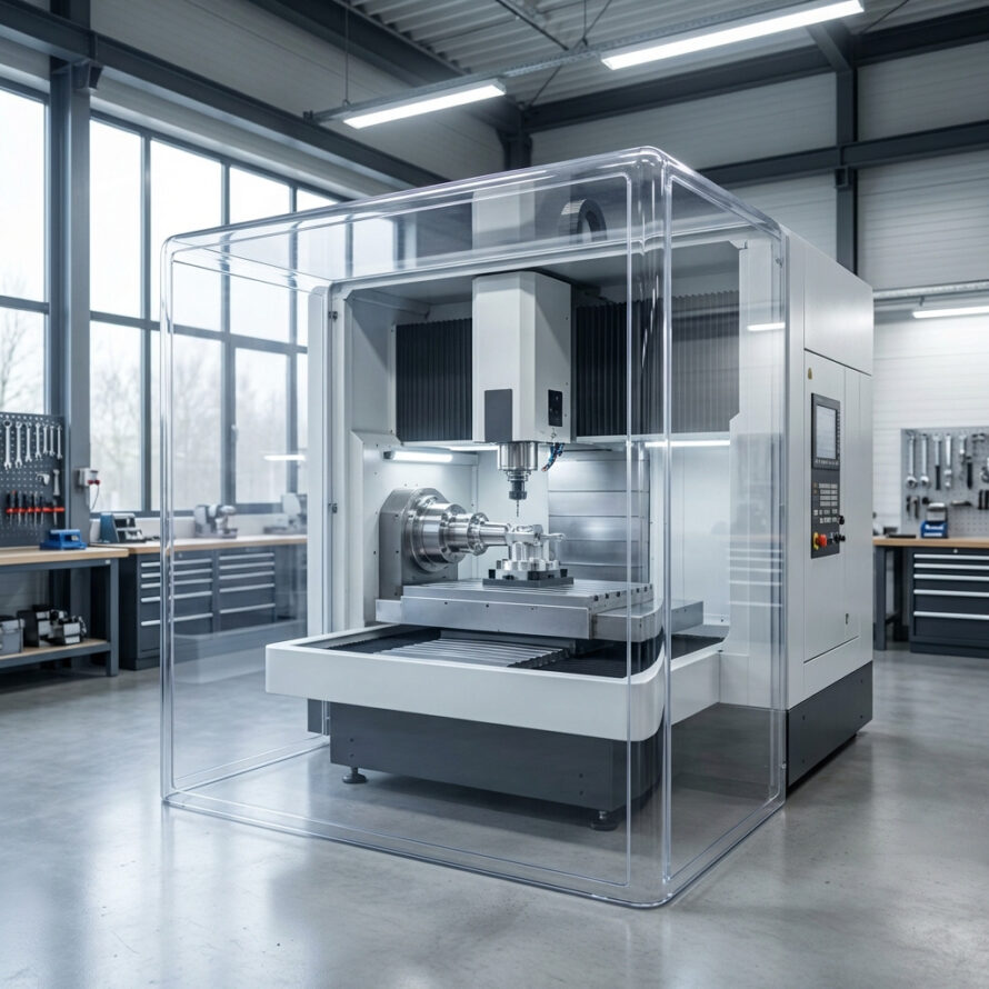 Freesmachine afgeschermd met polycarbonaat omkasting.