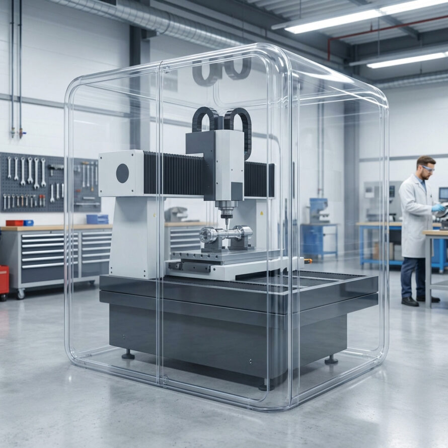 Polycarbonaat beschermkap rond CNC-bewerkingsmachine.