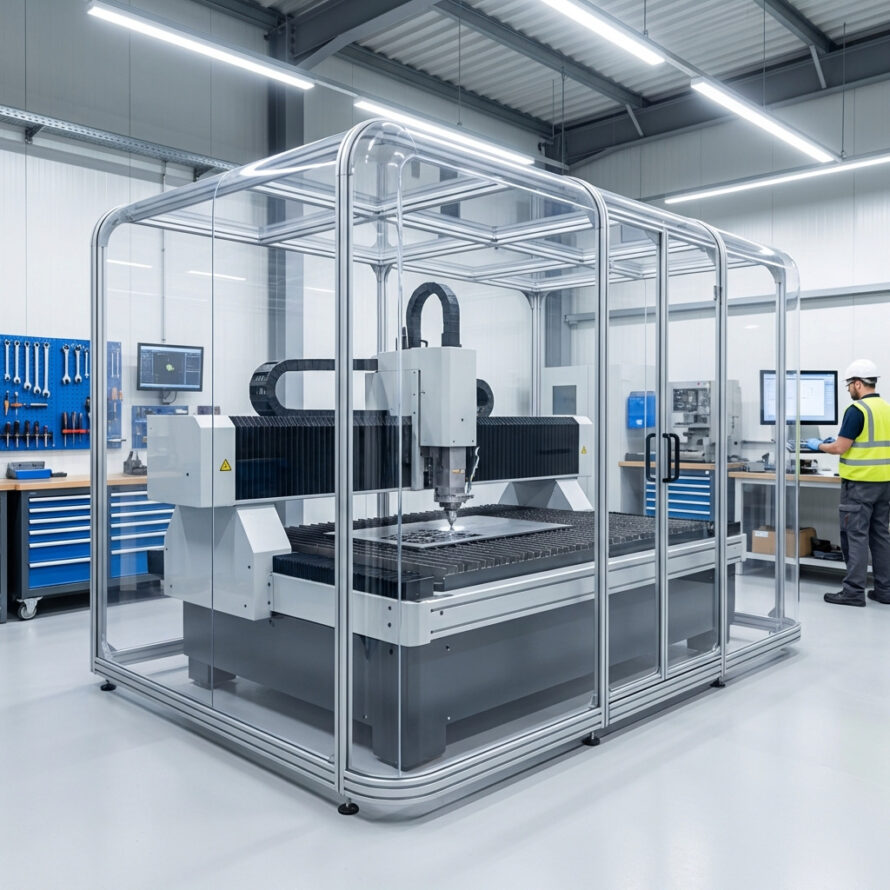 CNC-machine met heldere polycarbonaat veiligheidskap.