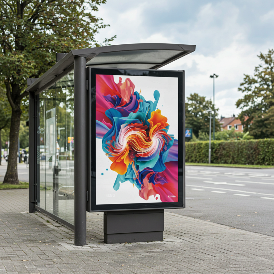 Abri met buitenreclame plastic plaat