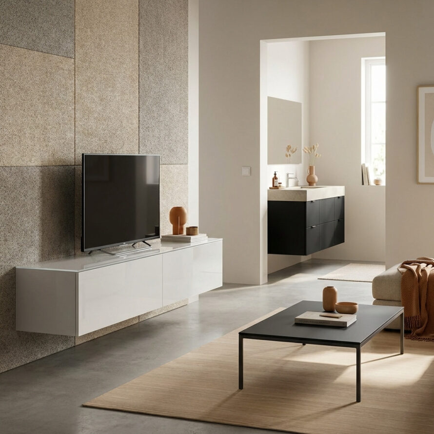 Moderne woonkamer met kunststof salontafel en opbergmeubel in een rustige, neutrale interieurstijl.