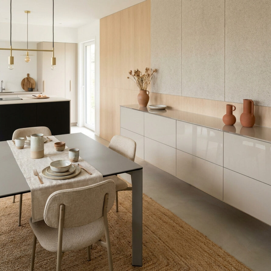 Minimalistische keuken met lange kunststof wandkast en subtiele accessoires in een lichte ruimte.