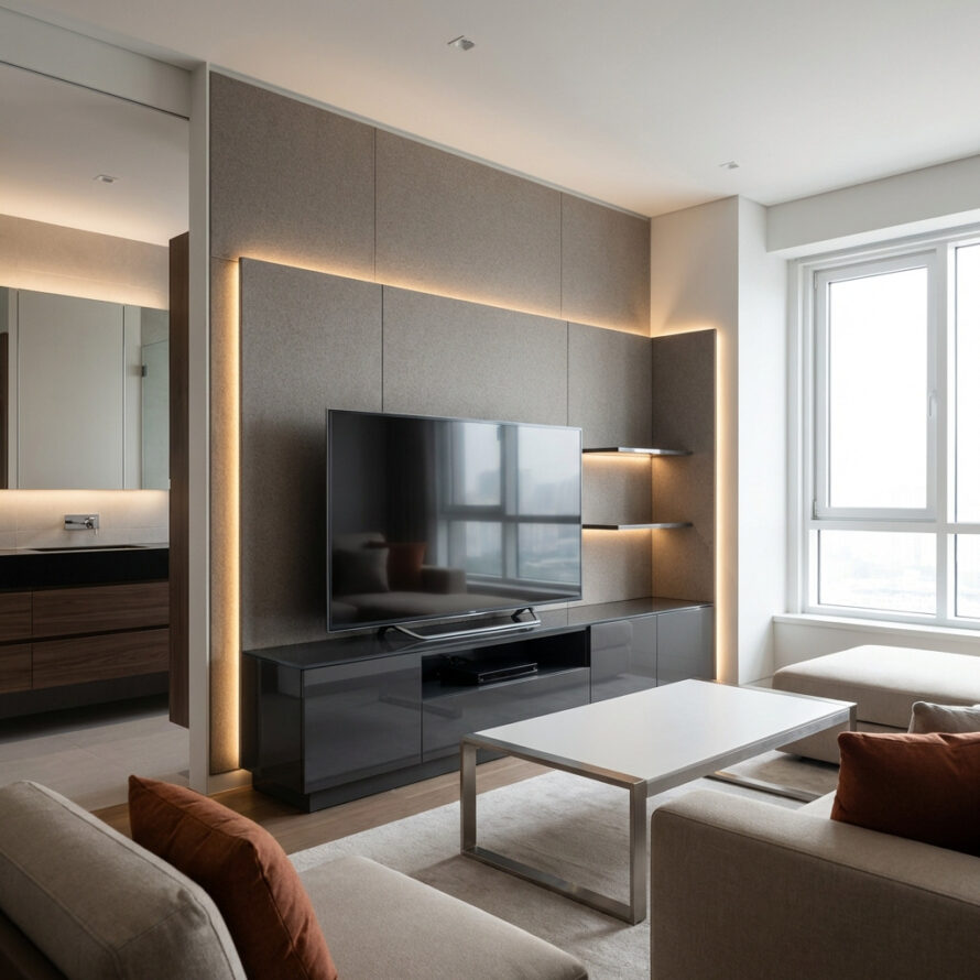 Eigentijdse zithoek met kunststof wandmeubel en tv-opstelling in warme, moderne afwerking.