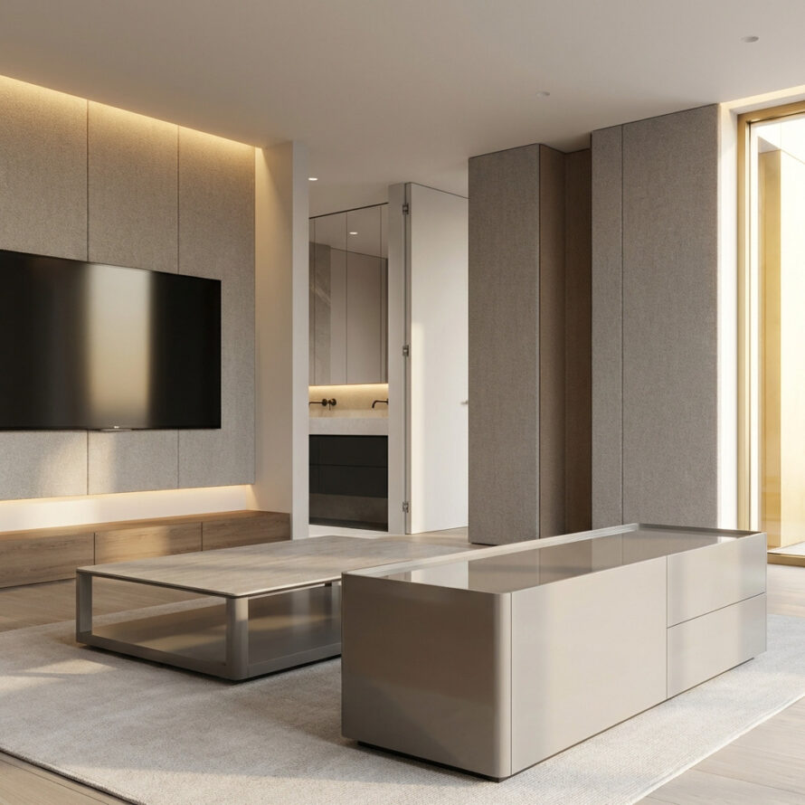 Moderne leefruimte met kunststof maatwerkmeubels, lage kasten en een geïntegreerd tv-meubel.