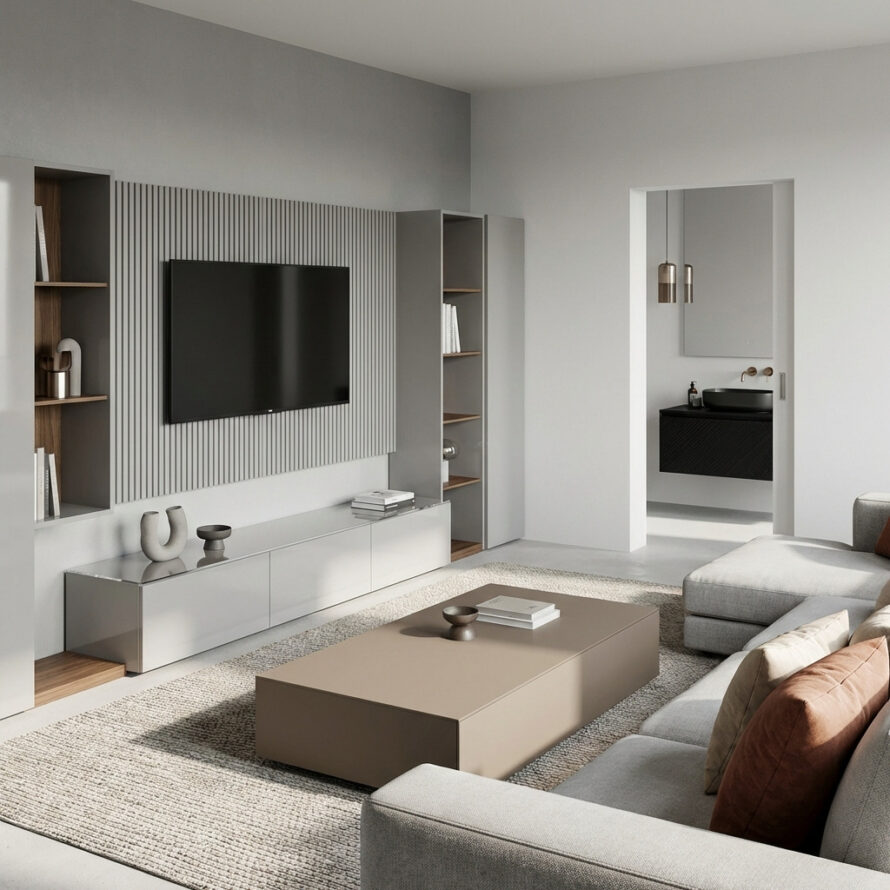 Stijlvolle woonkamer met kunststof meubels in neutrale tinten, gecombineerd met zachte stoffen en natuurlijk licht.