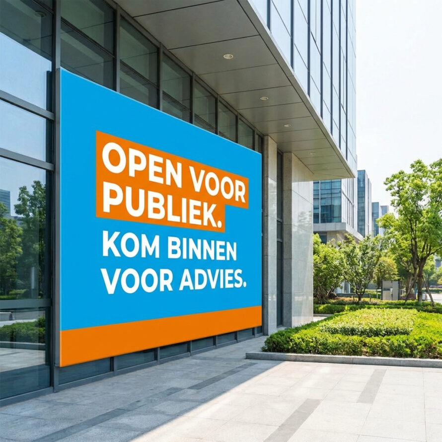 Groot kunststof gevelbord met tekst ‘Open voor publiek, kom binnen voor advies’