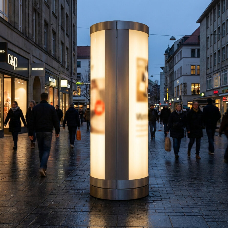Ronde verlichte reclamezuil van kunststof in een winkelstraat tijdens de avond